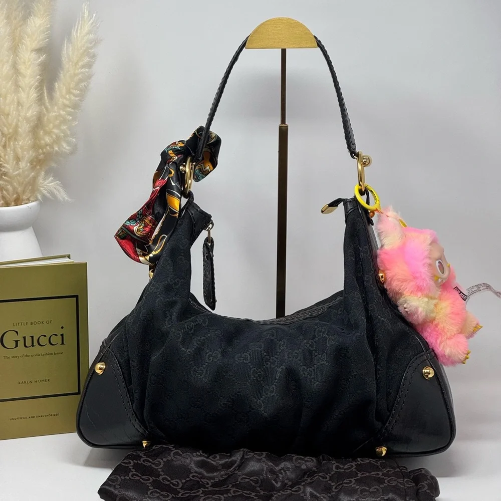 💯Gucci GG Black Canvas Large Jockey Hobo Bag - Picture 10 of 10